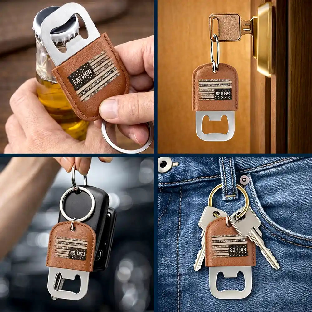 Gift For Father,Gift For Grandpa,Gift For Men,Happy,Retirement,Independence Day,America 250th - Stars And Stripes Dad Papa Grandfather - Personalized Leather Bottle Opener Keychain