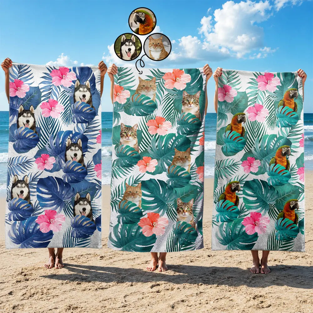 Custom Photo Tropical Leaves Pattern With Family Pet Face - Personalized Beach Towel