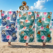 Gift For Yourself,Gift For Women,Gift For Men,Beach,Summer,Gift For Bestie,Non-Eng,Photo,Playful - Custom Photo Tropical Leaves Pattern With Family Pet Face - Personalized Beach Towel