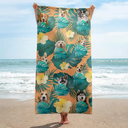 Gift For Yourself,Gift For Women,Gift For Men,Beach,Summer,Gift For Bestie,Non-Eng,Photo,Playful - Custom Photo Tropical Leaves Pattern With Family Pet Face - Personalized Beach Towel