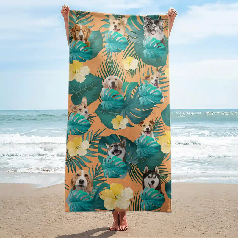 Gift For Yourself,Gift For Women,Gift For Men,Beach,Summer,Gift For Bestie,Non-Eng,Photo,Playful - Custom Photo Tropical Leaves Pattern With Family Pet Face - Personalized Beach Towel