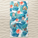 Gift For Yourself,Gift For Women,Gift For Men,Beach,Summer,Gift For Bestie,Non-Eng,Photo,Playful - Custom Photo Tropical Leaves Pattern With Family Pet Face - Personalized Beach Towel