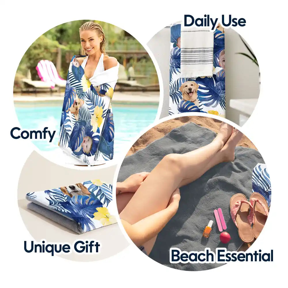 Gift For Yourself,Gift For Women,Gift For Men,Beach,Summer,Gift For Bestie,Non-Eng,Photo,Playful - Custom Photo Tropical Leaves Pattern With Family Pet Face - Personalized Beach Towel