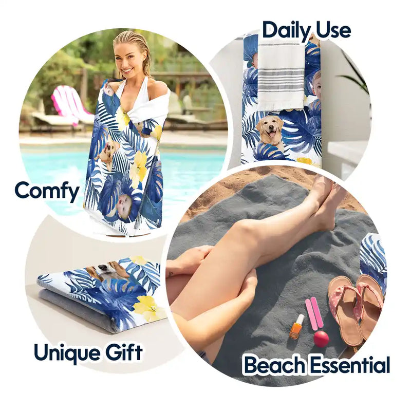Gift For Yourself,Gift For Women,Gift For Men,Beach,Summer,Gift For Bestie,Non-Eng,Photo,Playful - Custom Photo Tropical Leaves Pattern With Family Pet Face - Personalized Beach Towel