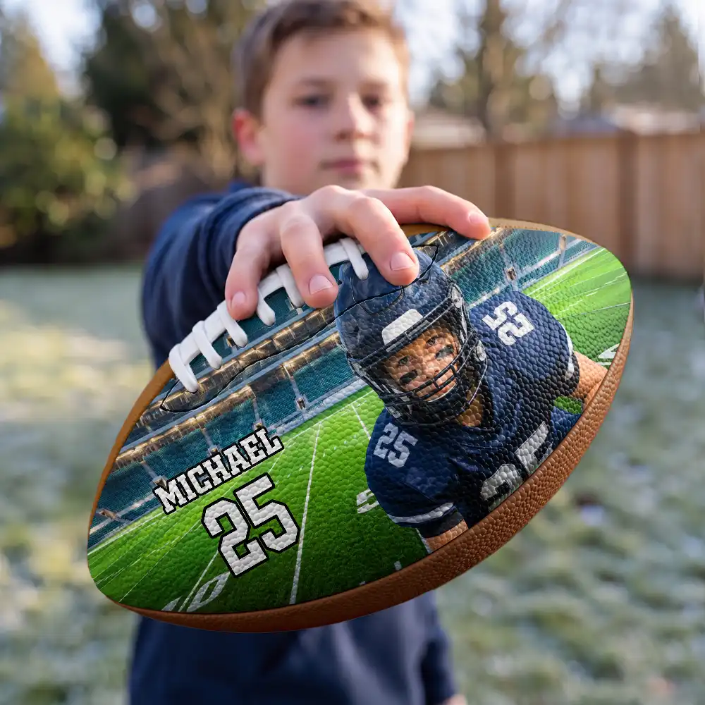 Christmas,Custom Photo,Football,Gift For Kids,Happy,Remove BG Photo,Top Market - Senior Night Gift For Football Team Player - Personalized Custom Photo Stadium Background Leather Football