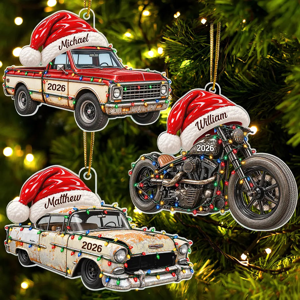Christmas,Gift For Men,Gift For Yourself,Gifts For Him,Happy,Icon,Motorcycle - Christmas Gift For Car Motorcycle Lovers - Personalized Santa Hat Acrylic Ornament