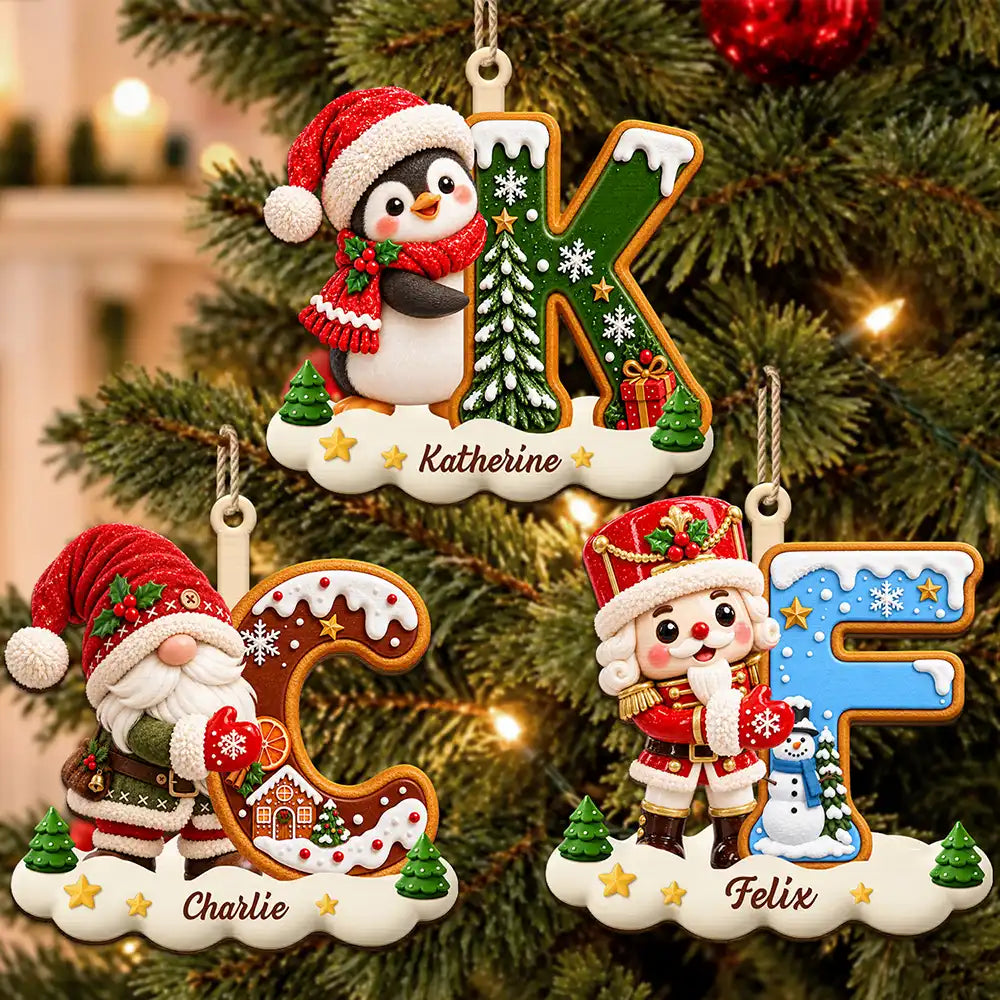 Christmas, Family, Icon, Playful - Gift For Family And Kids - Personalized Name And Character Hugging Snowy Christmas Initial Wooden Ornament