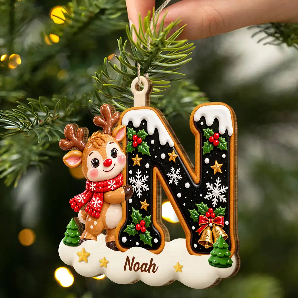 Christmas, Family, Icon, Playful - Gift For Family And Kids - Personalized Name And Character Hugging Snowy Christmas Initial Wooden Ornament