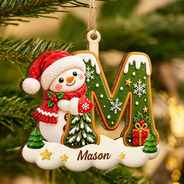 Christmas, Family, Icon, Playful - Gift For Family And Kids - Personalized Name And Character Hugging Snowy Christmas Initial Wooden Ornament