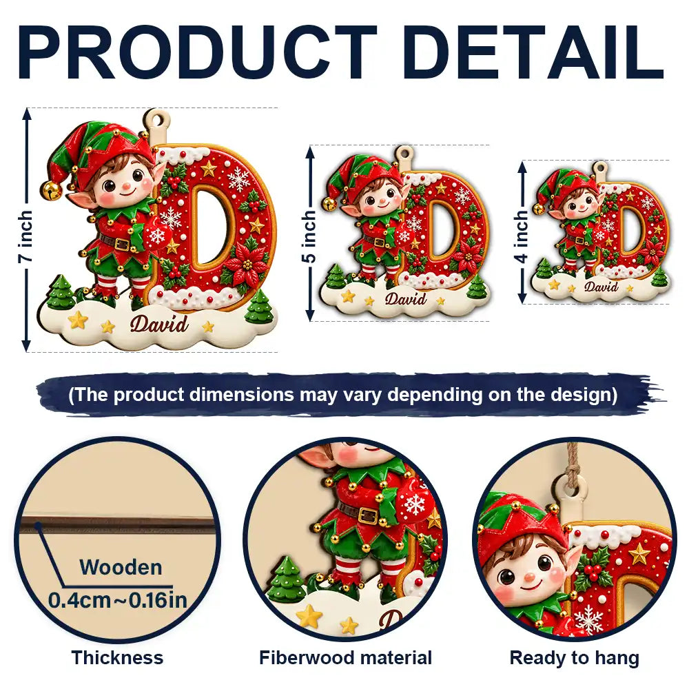 Christmas, Family, Icon, Playful - Gift For Family And Kids - Personalized Name And Character Hugging Snowy Christmas Initial Wooden Ornament