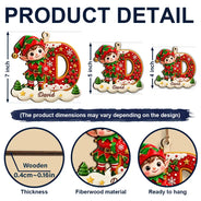 Christmas, Family, Icon, Playful - Gift For Family And Kids - Personalized Name And Character Hugging Snowy Christmas Initial Wooden Ornament