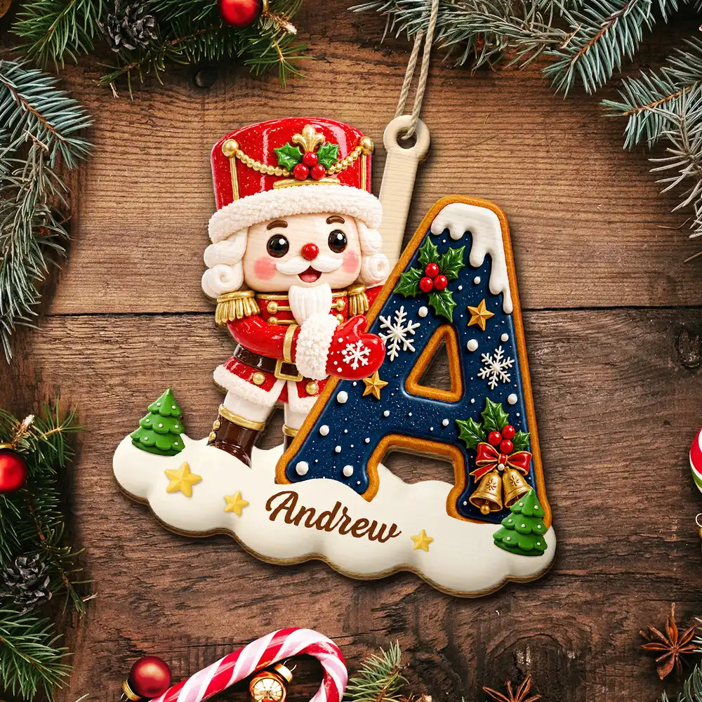 Christmas, Family, Icon, Playful - Gift For Family And Kids - Personalized Name And Character Hugging Snowy Christmas Initial Wooden Ornament