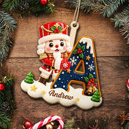 Christmas, Family, Icon, Playful - Gift For Family And Kids - Personalized Name And Character Hugging Snowy Christmas Initial Wooden Ornament