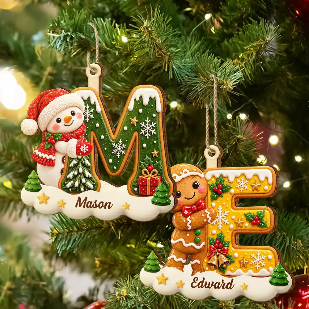 Christmas, Family, Icon, Playful - Gift For Family And Kids - Personalized Name And Character Hugging Snowy Christmas Initial Wooden Ornament