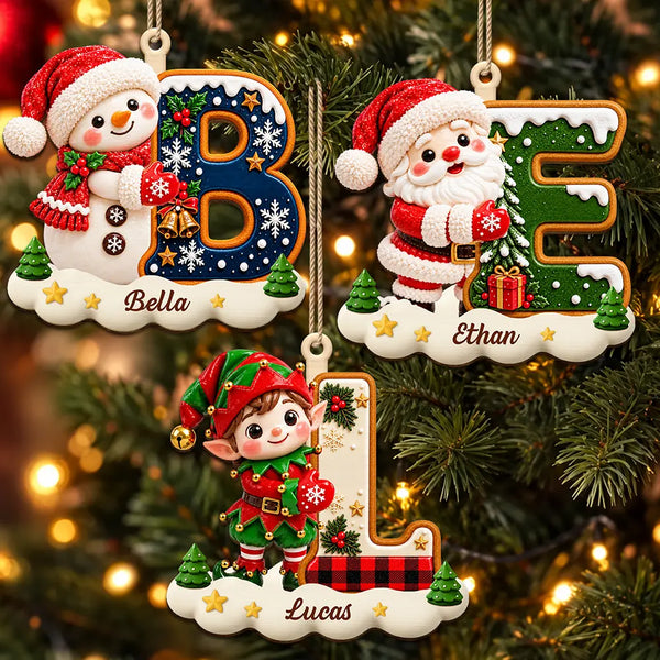 Christmas, Family, Icon, Playful - Gift For Family And Kids - Personalized Name And Character Hugging Snowy Christmas Initial Wooden Ornament