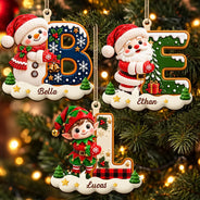 Christmas, Family, Icon, Playful - Gift For Family And Kids - Personalized Name And Character Hugging Snowy Christmas Initial Wooden Ornament