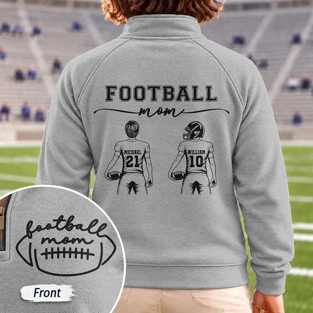 Football,Gift For Mother,Gifts For Her,Happy,Icon - Game Day Gift For Football Mama Mom - Personalized Kid Number Name Quarter Zip Sweatshirt