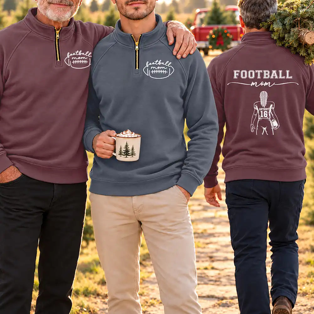 Football,Gift For Mother,Gifts For Her,Happy,Icon - Game Day Gift For Football Mama Mom - Personalized Kid Number Name Quarter Zip Sweatshirt
