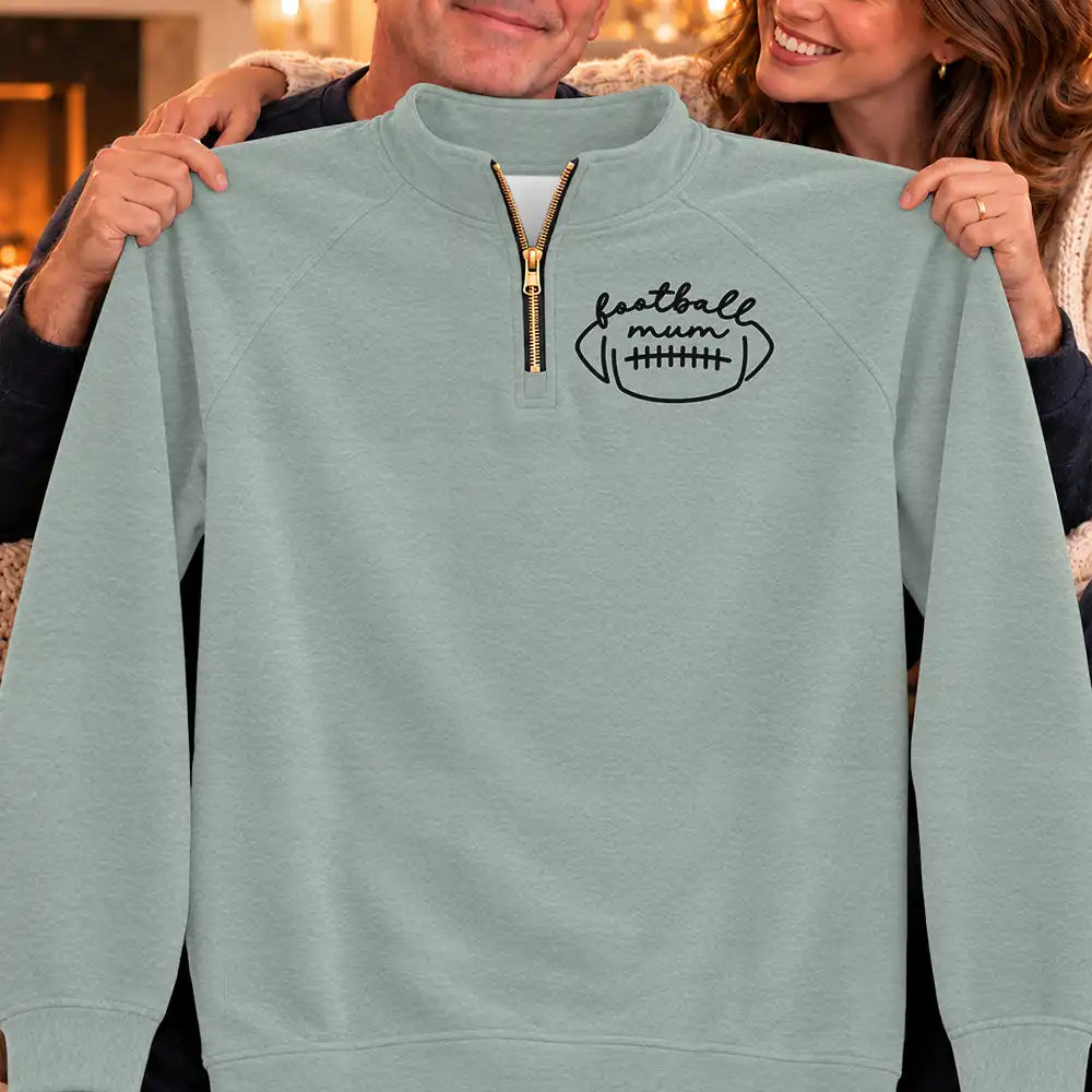 Football,Gift For Mother,Gifts For Her,Happy,Icon - Game Day Gift For Football Mama Mom - Personalized Kid Number Name Quarter Zip Sweatshirt
