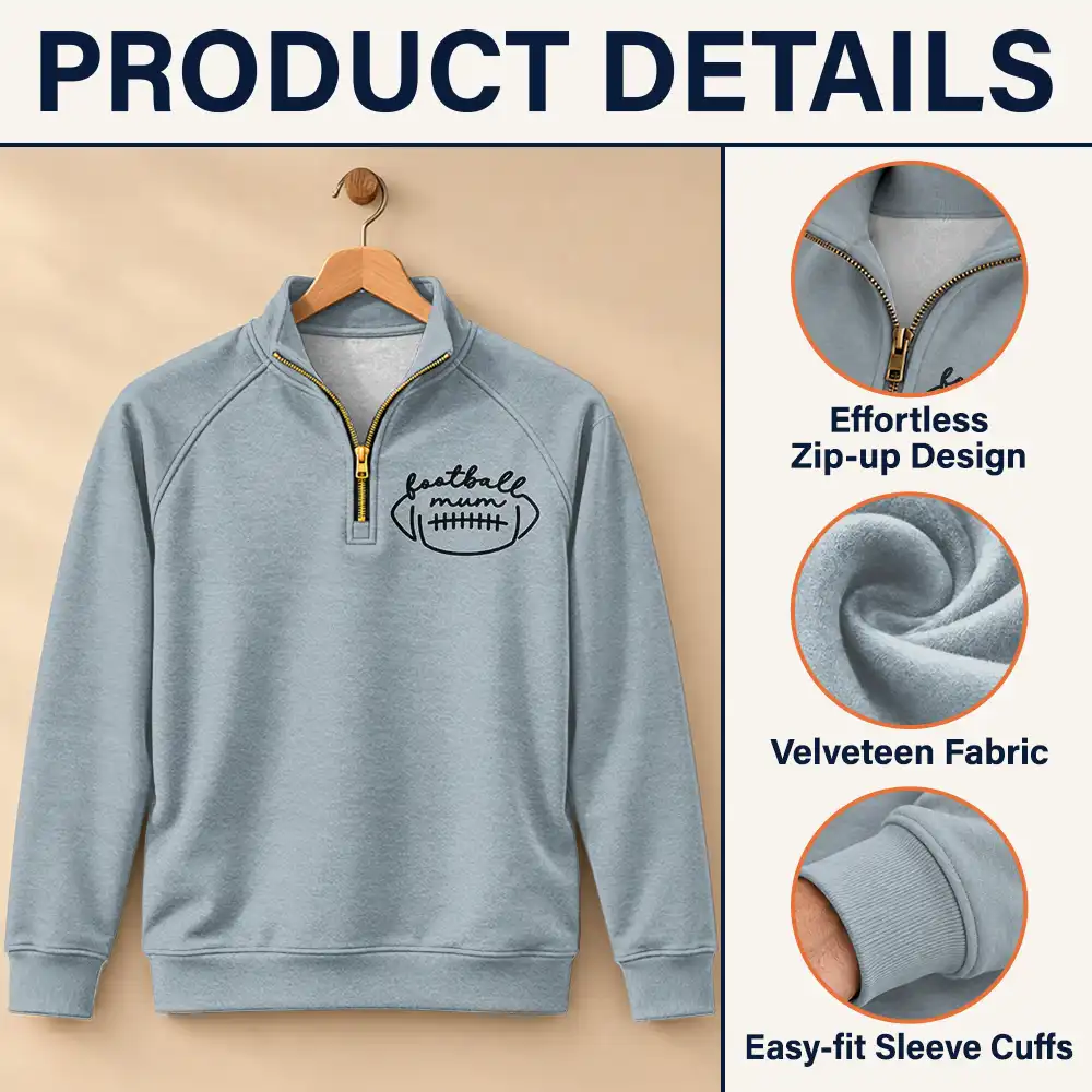 Football,Gift For Mother,Gifts For Her,Happy,Icon - Game Day Gift For Football Mama Mom - Personalized Kid Number Name Quarter Zip Sweatshirt