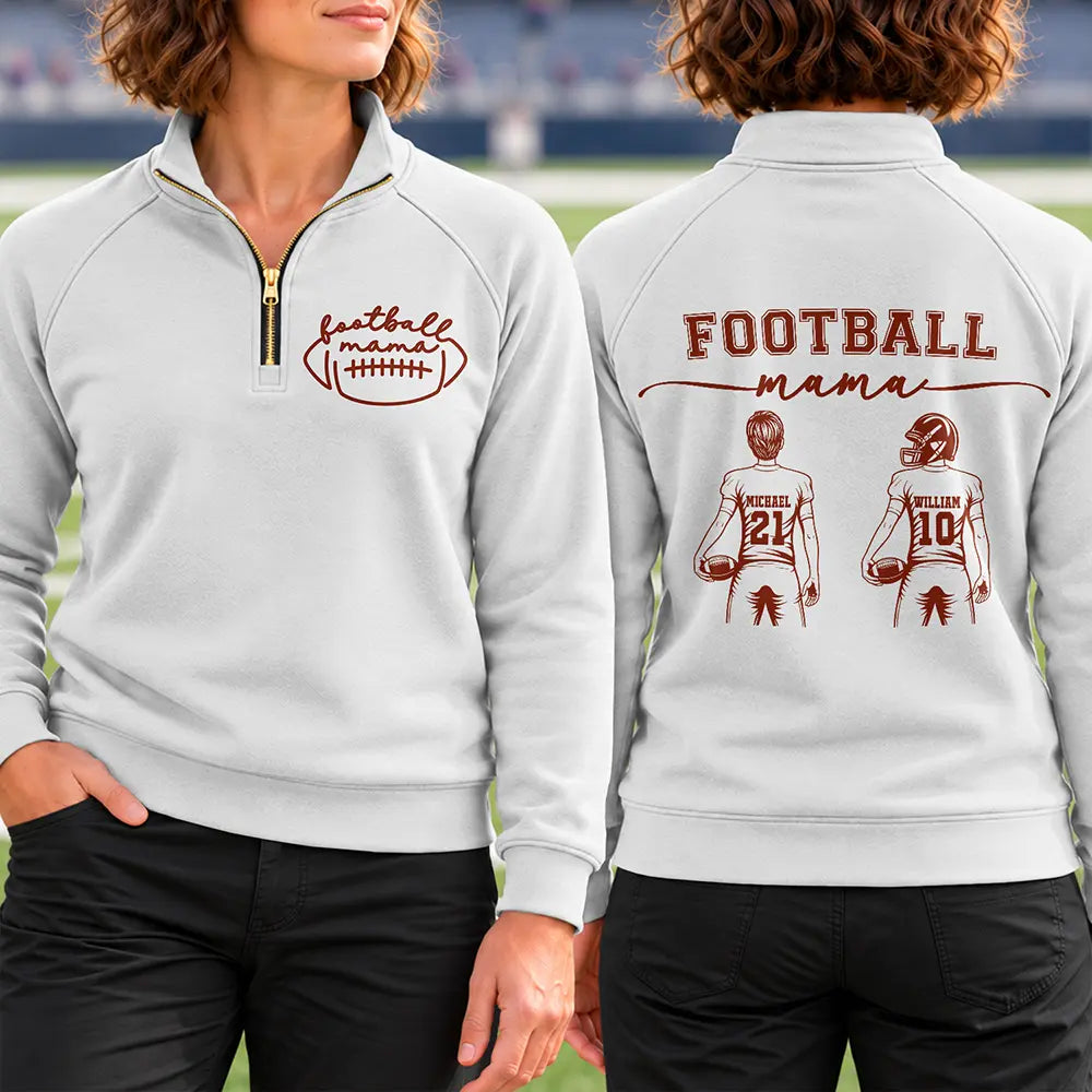 Football,Gift For Mother,Gifts For Her,Happy,Icon - Game Day Gift For Football Mama Mom - Personalized Kid Number Name Quarter Zip Sweatshirt