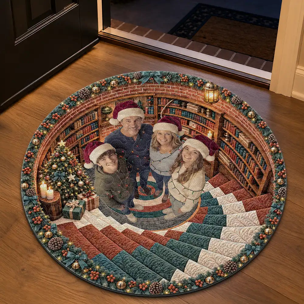 Art Design, Christmas, Cozy, Custom Photo, Family, Photo - Santa Hat Looking Up Human, Top Market - Gift For Family - Personalized Custom Photo Custom Photo Santa Hat And Lights Christmas Rug