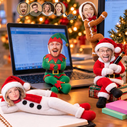 Funny Gift For Colleagues, Friends - Personalized Custom Photo Christmas Costume Santa Gingerbread Elf Poseable Plush Doll