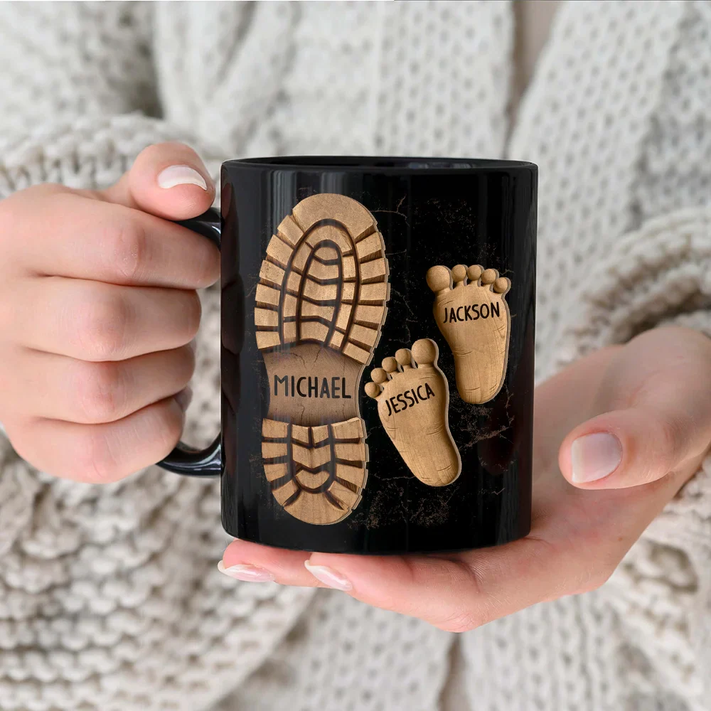 Gift For Father,Gift For Grandpa - Dad And Kids Footsteps No Matter How Big We Get - Personalized Black Mug