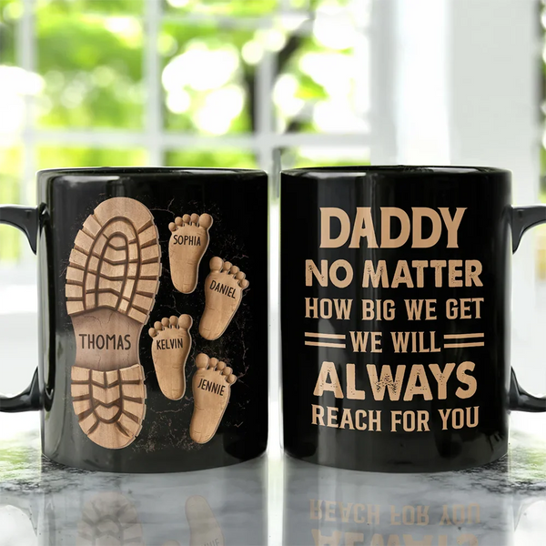Gift For Father,Gift For Grandpa - Dad And Kids Footsteps No Matter How Big We Get - Personalized Black Mug