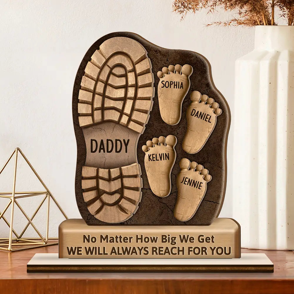Dad And Kids Footsteps No Matter How Big We Get - Personalized Custom Shaped 2-Layered Wooden Plaque