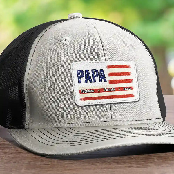 Gift For Father, Gift For Grandpa, Independence Day, Happy - Dad Grandpa America Flag Brush Stroke - Personalized Leather Patch Hat
