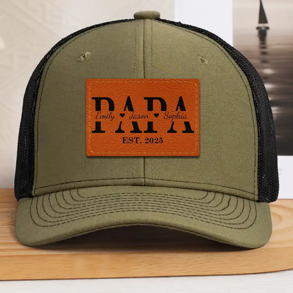 Gift For Father,Dad - Children,Gift For Grandpa,Special Font,Adorable - Dad Grandpa Est - Personalized Leather Patch Hat