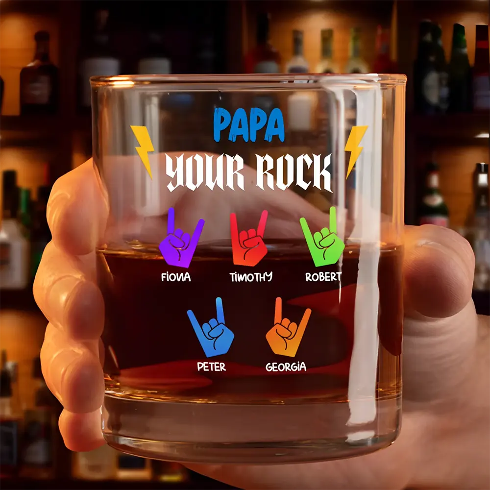 Dad Grandpa Papa You Rock Hands Down For The Best - Personalized Whiskey Glass