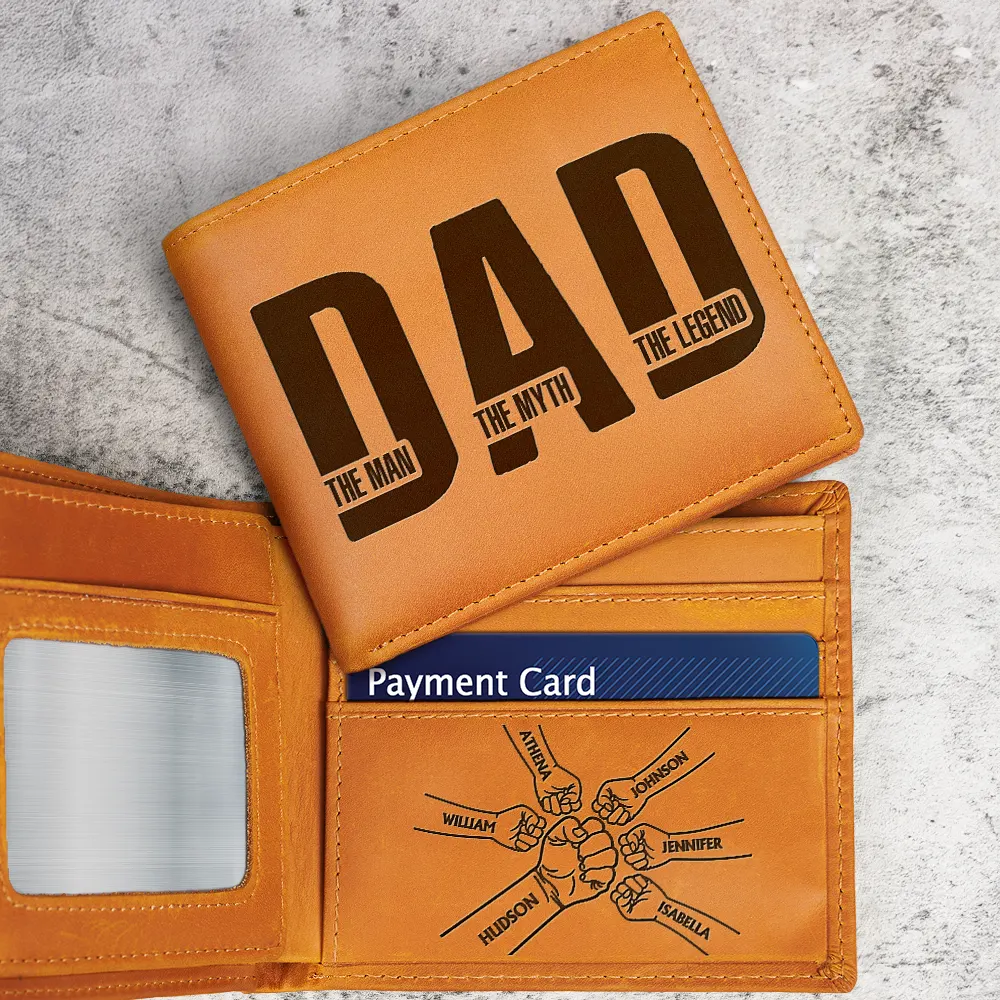 Dad Kid Hand Punch The Man The Myth The Father - Personalized Engraved Leather Wallet