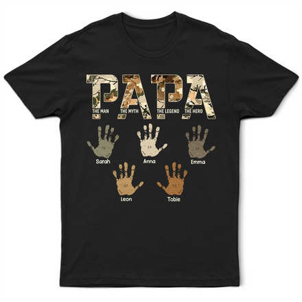 Dad Papa The Man Myth Legend Kid Handprint - Personalized T Shirt