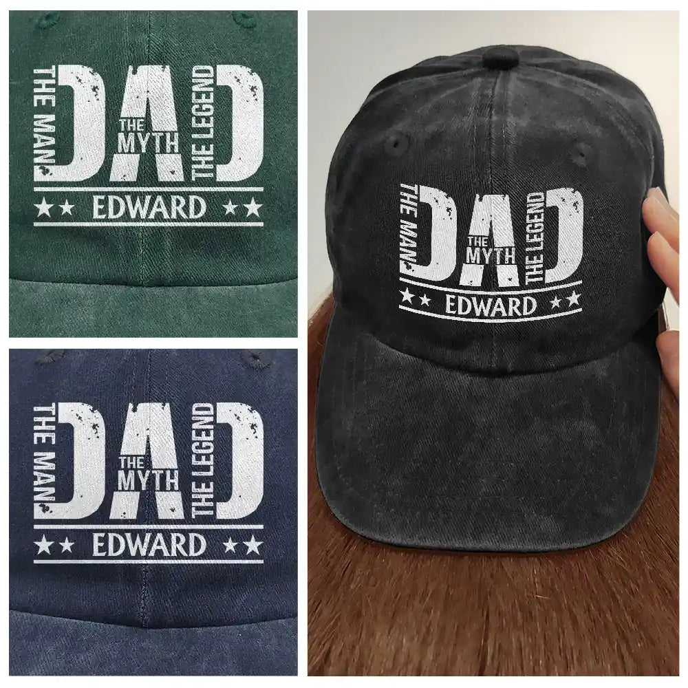 Gift For Father,Humorous,Custom Text - Dad The Man The Myth The Legend - Personalized Vintage Washed Denim Cap