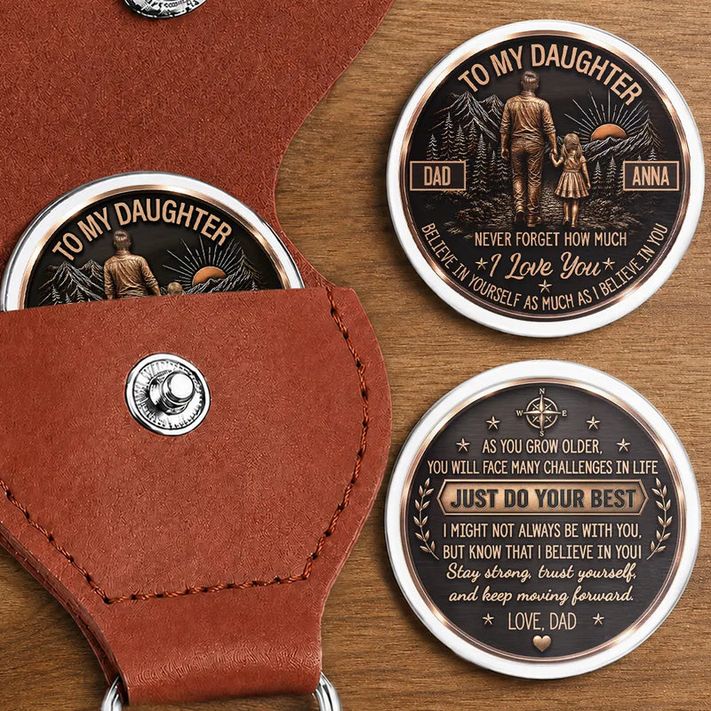 Top Market,Dad - Daughter (Adult),Gift For Father,Gift For Children,Inspirational,Gift For Daughter,Vector - Dad & Daughter Son Just Do Your Best - Personalized Leather Pocket Hug
