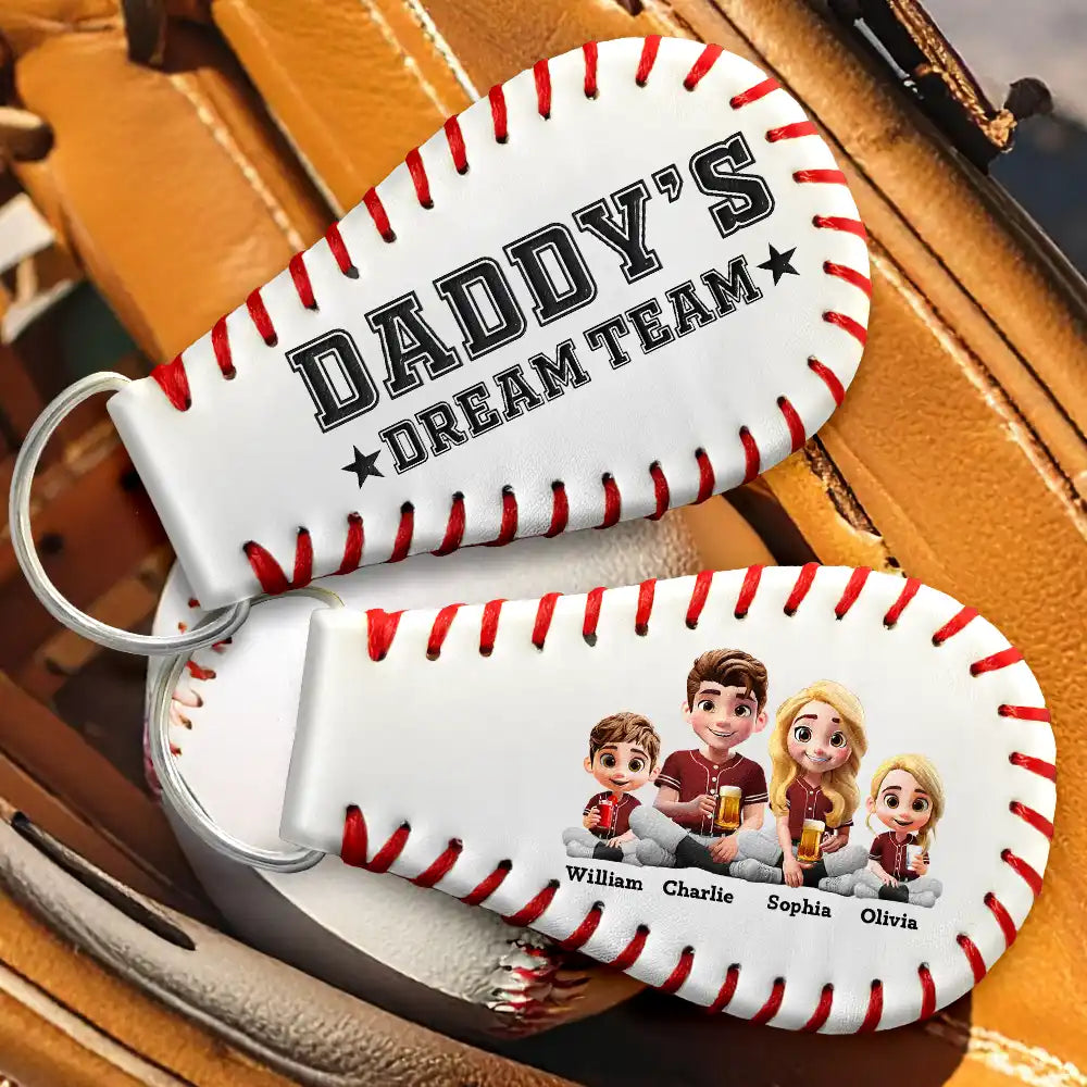 Daddy's Dream Team - Personalized Leather Baseball Keychain