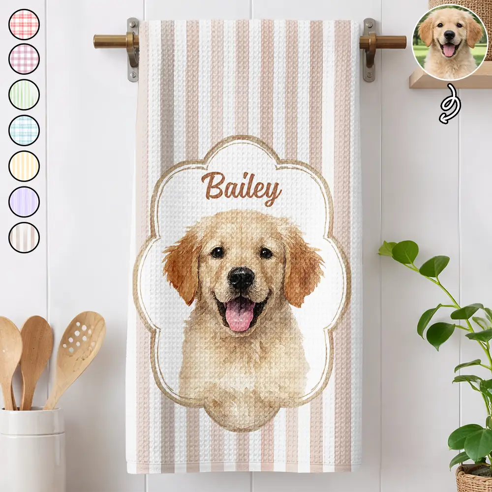 Happy,Dog Lovers,Pet Lovers,Cat Lovers - Custom Photo Watercolor Dog Cat Pet Portrait Vintage - Personalized Kitchen Towel