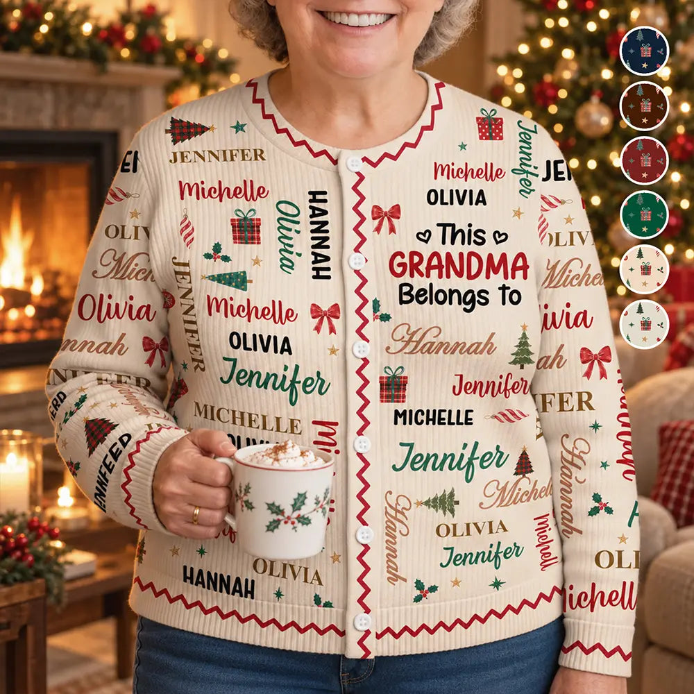 Christmas, Custom Text, Gift For Grandma, Gifts For Her, Happy - Christmas Gift For Grandma Nana - Personalized Kids Names Cardigan