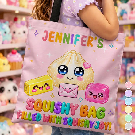 Gift For Kids Girls - Personalized Name & Color Squishy Bag Filled With Squishy Joy Tote Bag