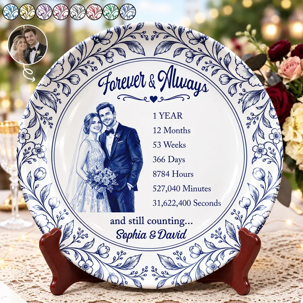 Custom Photo Watercolor Forever & Always Couple Anniversary - Personalized Ceramic Plate