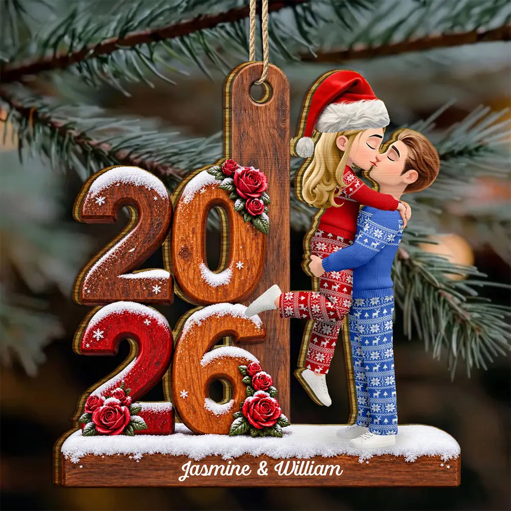 Christmas,Romantic,Gift For Couples,Vector - Couple Kissing Anniversary Gift Eternal Love - Personalized Custom Shaped Wooden Ornament
