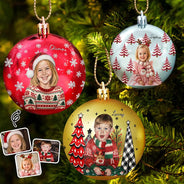 Art Design,Christmas,Custom Photo,Gift For Kids,Photo - Oil Painting,Playful - Christmas Gift For Kids Family - Personalized Custom Photo & Name Kid Portrait With Pine Tree Snowflake Ball Ornament