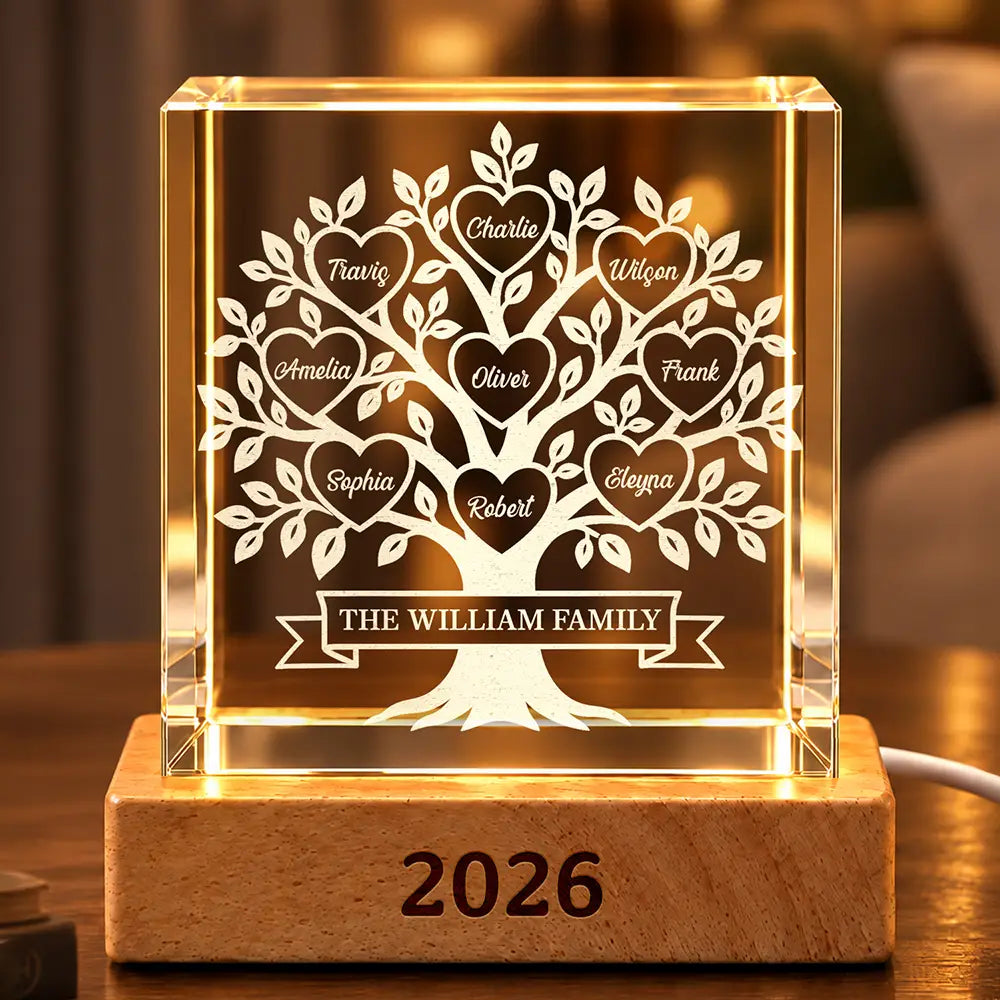 Cozy,Custom Text,Family,Indoor Decor - Gift For Family Parents Grandparents - Personalized Family Tree Crystal Cube Lamp