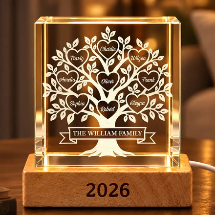 Gift For Family Parents Grandparents - Personalized Family Tree Crystal Cube Lamp