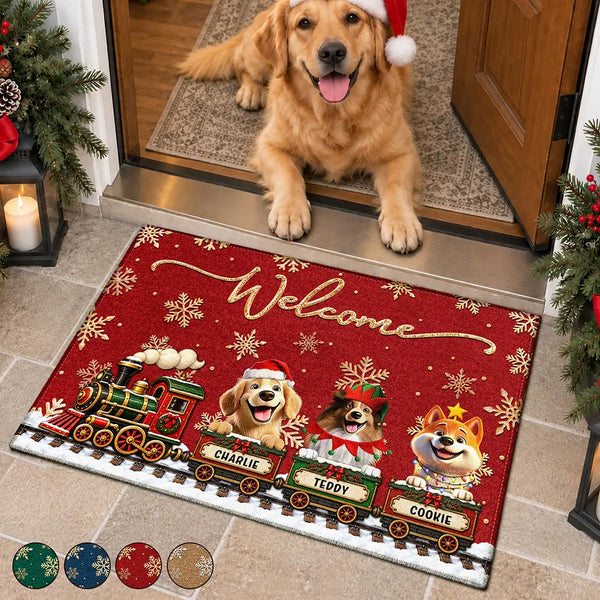 Christmas,Pet Lovers,Playful,Top Market,Vector - Christmas Gift For Pet Lovers - Personalized Pet Name Vintage Train Welcome Doormat