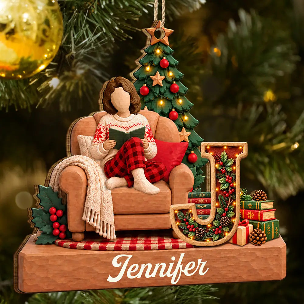 Christmas,Confident,Gift For Yourself,Gifts For Her,Gifts For Him,Reading,Vector - Christmas Gift Book Lovers, Bookworms - Personalized 3D Initial Christmas Concept Wooden Ornament