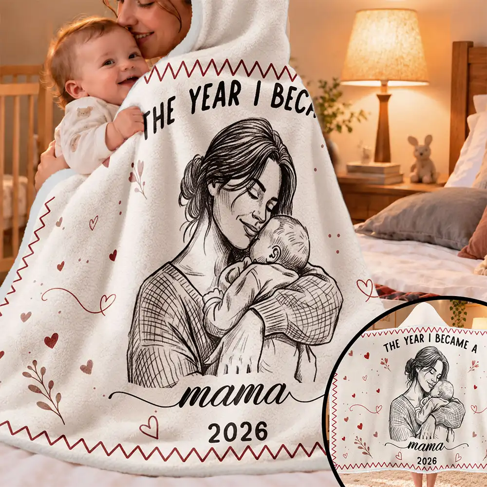 Art Design,Christmas,Custom Photo,First Christmas,Gift For Mother,Gifts For Her,Happy,New Baby,New Mom,Photo - Pencil Sketch - Remove BG - Gift For New Mom - Personalized Custom Photo Pencil Sketch The Year I Became A Mama Wearable Hooded Blanket
