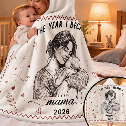 Gift For New Mom - Personalized Custom Photo Pencil Sketch The Year I Became A Mama Wearable Hooded Blanket